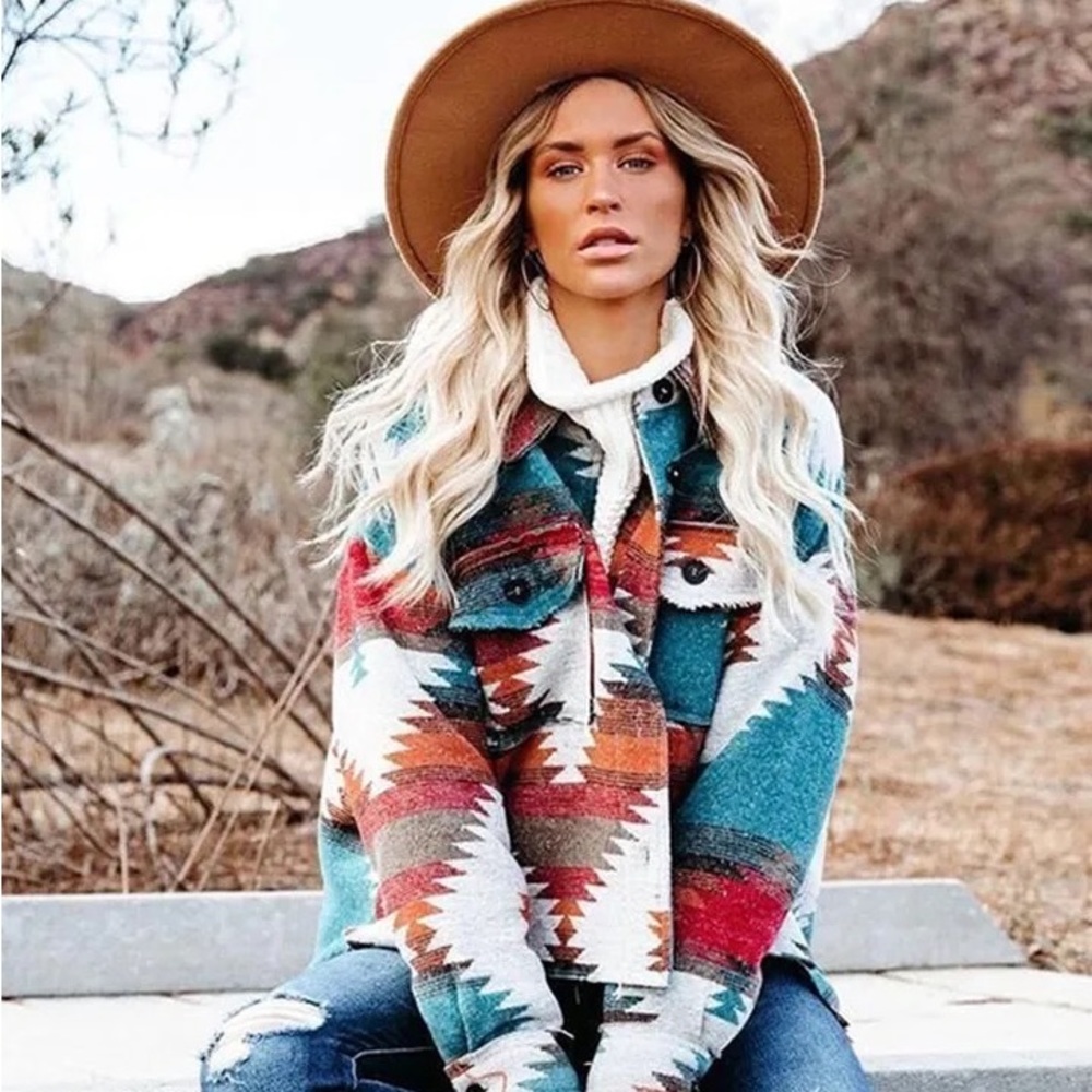 Aztec Western Distressed Button Pocket Shacket Ye… - image 1